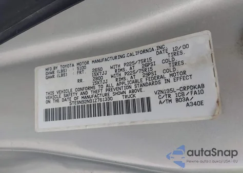 2001 Toyota Tacoma Prerunner V6 z USA, uszkodzony, nr VIN 5TESN92N91Z761330